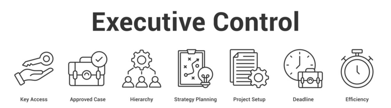 Executive Control web banner icon set vector illustration concept for business with icon of Key Access, Approved Case, Hierarchy, Strategy Planning, Project Set.