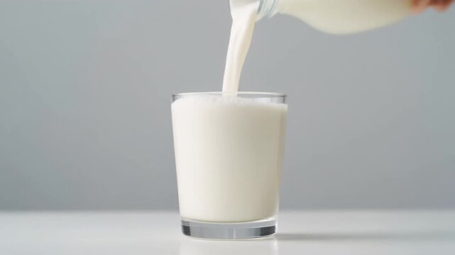 Fresh milk being poured into a clear glass