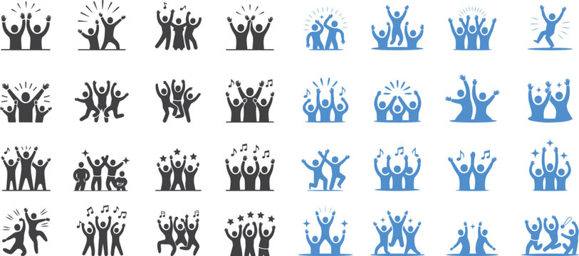 Collection of diverse vector icons depicting people celebrating and raising their arms design
