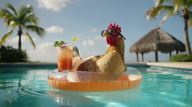 Relaxed chicken on pool float with tropical cocktail