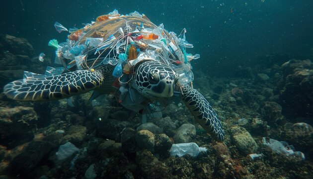 Sea Turtle entangled: A poignant image capturing the urgent issue of ocean plastic pollution. A majestic sea turtle is tragically ensnared in discarded plastic waste.
