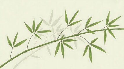 Fototapeta premium Green bamboo branch with delicate leaves casting soft shadows on a pale background