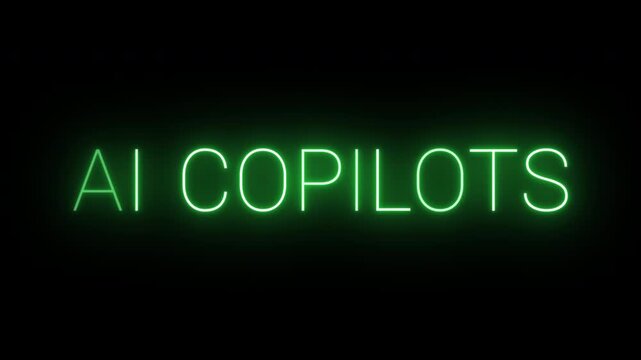 Flickering neon green glowing ai copilots sign animated black background.