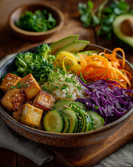 A Symphony of Flavors: A vibrant composition showcases a diverse medley of fresh, healthy ingredients artistically arranged in a single bowl. Each element&mdash;crisp vegetables, creamy avocado.