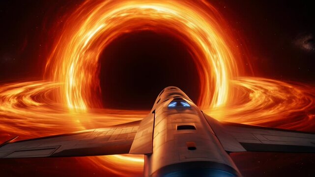 Rider on a futuristic roller coaster passing through a blazing fiery orange ring at high speed.