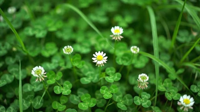 White Clover Flowers in Green Grassy Field.