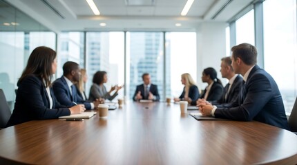 Diverse business professionals in formal attire are seated around a large, polished conference table during an important strategic meeting in a modern office.