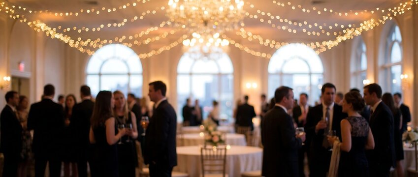 An elegant social gathering of many people mingling in a brightly lit ballroom, enjoying the festive atmosphere and conversation.