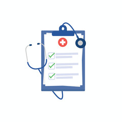 Medical clipboard with health checklist and stethoscope vector illustration, representing medical insurance, physical exam, and healthcare concept © rochmuch