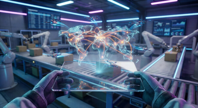Augmented reality display showing global logistics and automated warehouse operations with drones and robotic arms