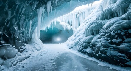 Ethereal Blue Ice Cave Interior with Dazzling Icicles and Frozen Formations Leading to Light