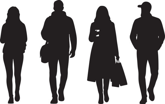 Set of four casual urban silhouettes walking forward, vector isolated.