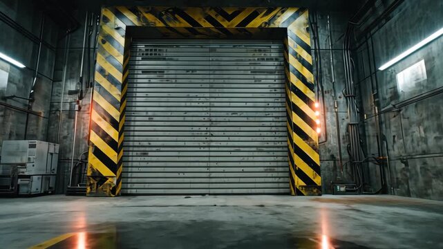 Industrial interior with large closed roller door, striped frame, and concrete walls