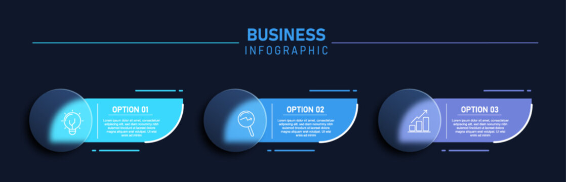 Modern 3 step business infographic template with blue gradient glassmorphism elements on dark background. Suitable for workflow, process explanation, marketing strategy, corporate presentation