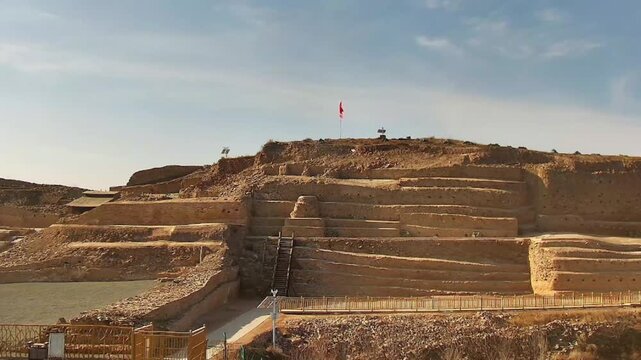YINCHUAN, NINGXIA - FEBRUARY 20 2026: A time-lapse shows the ancient loess fortifications and Ming Dynasty Great Wall ruins at Shuidonggou Site under a bright blue sky.