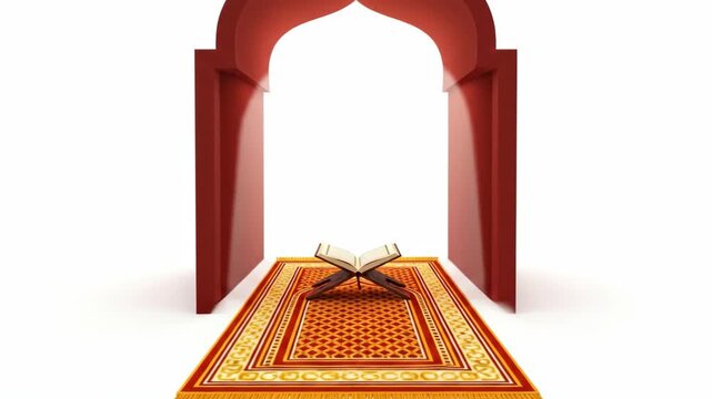 Quran on a wooden stand, prayer rug, and archway, symbolizing Islamic faith and devotion.