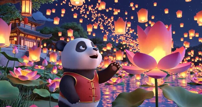 A joyful panda releasing lanterns over a serene lotus pond during a vibrant festival night