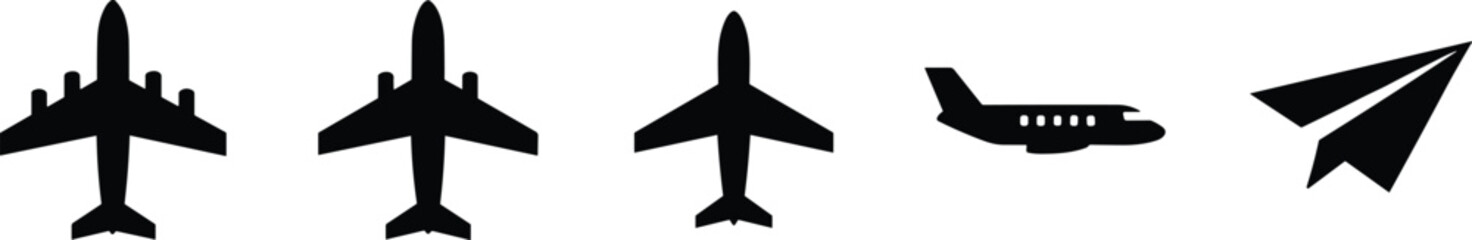 Airplane and paper plane icon collection featuring jet aircraft silhouettes and messaging symbol, representing aviation travel, air transport, delivery services, communication and modern digital