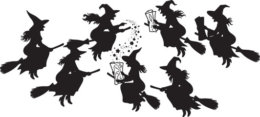 Black Solid Map Contemplating Witch Silhouettes Set of Six on White Background