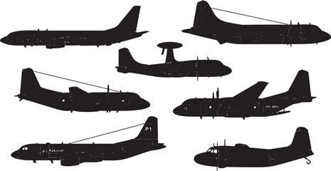 Black Solid Maritime Patrol Aircraft Silhouettes Set of Six on White Background © Dreamfly