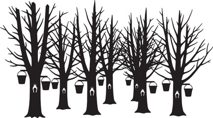 Black Solid Maple Syrup Tap Tree Silhouettes Set of Six on White Background © Dreamfly