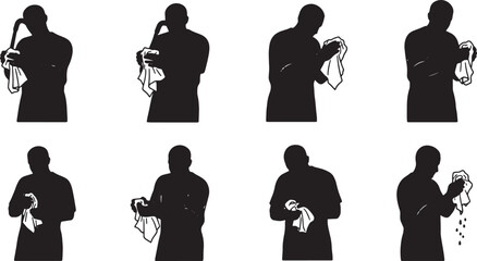 Black Solid Mechanic Cleaning Hands Silhouettes Set of Six on White Background