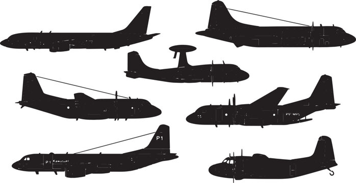 Black Solid Maritime Patrol Aircraft Silhouettes Set of Six on White Background