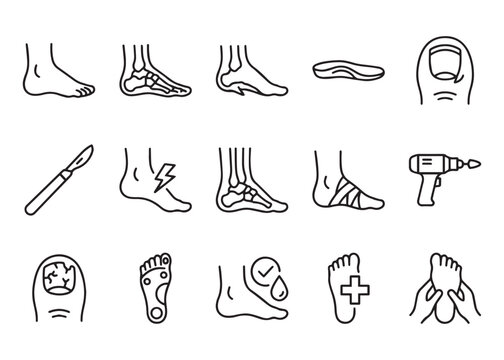 Podiatry and foot care vector icons for medical use