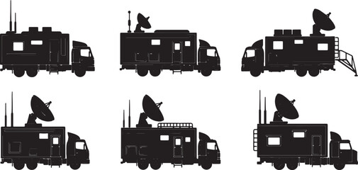 Obraz premium Black Solid Mobile Communication Truck Silhouettes Set of Six on White Background