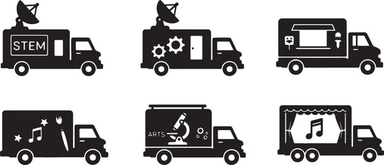 Black Solid Mobile Educational Outreach Truck Silhouettes Set of Six on White Background