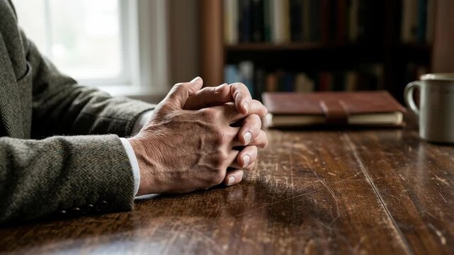 emotional intelligence leader business meeting concept. Mature hands clasped on wooden table
