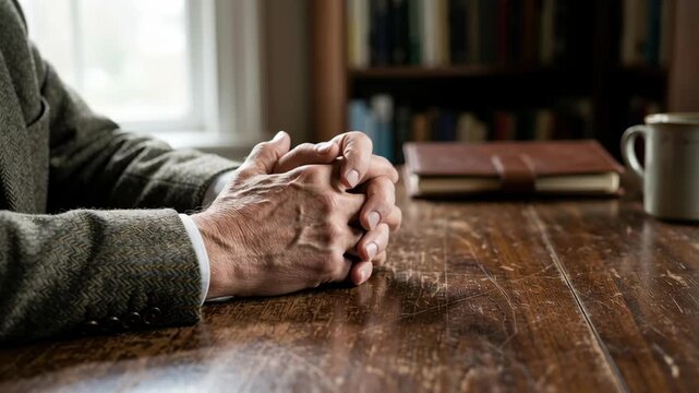 emotional intelligence leader business meeting concept. Elderly hands clasped on wooden table.
