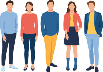 Obraz premium Group of stylish men and women standing together flat vector illustration modern casual fashion people collection isolatedGroup of stylish men and women standing together flat vector illustration 