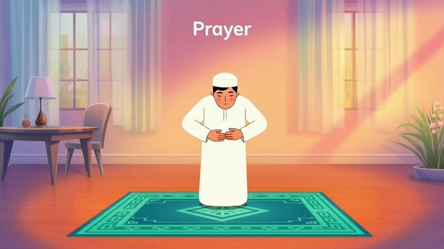 Animated Islamic Prayer (Salah) Concept: Devout Muslim Worship and Spirituality