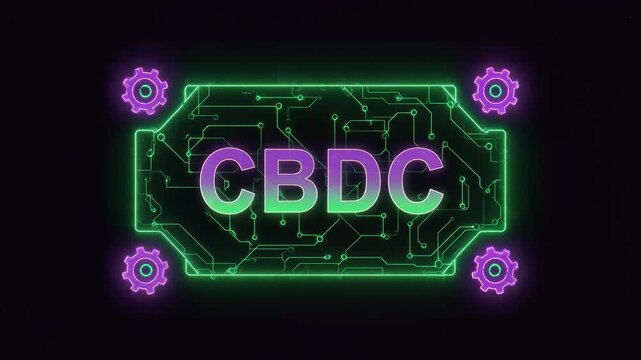Futuristic CBDC Digital Currency Concept on a Glowing Circuit Board with Rotating Gears.