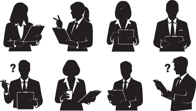 Black Solid Benefits & Perks Inquiry Silhouettes Set of Six on White Background