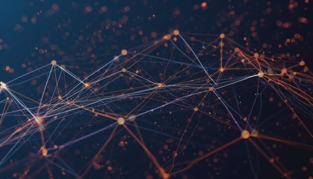 Abstract digital network animation with glowing nodes and connecting lines forming a dynamic web of light. Futuristic technology concept with data flow, communication links