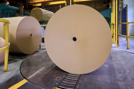 Large rolls of brown paper waiting to be processed in a busy paper mill during daytime operations