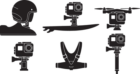 Black Solid Action Camera Silhouettes Set of Six on White Background © Sahileditz