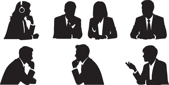 Black Solid Active Listening Interview Silhouettes Set of Six on White Background