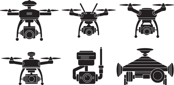 Black Solid Aerial Drone Mapping Camera Silhouettes Set of Six on White Background