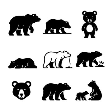 Various black and white bear illustrations and silhouettes depicting different poses and family groups.