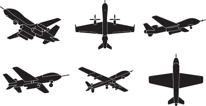 Black Solid Air-Launched Drones and Missiles Silhouettes Set of Six on White Background