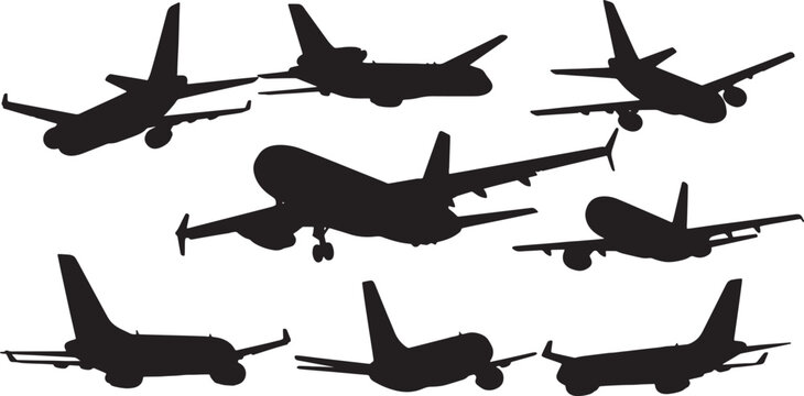 Black Solid Airplanes 3/4 Rear View Silhouettes Set of Six on White Background