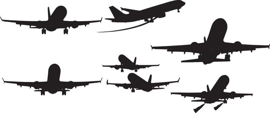 Black Solid Airplanes Landing Silhouettes Set of Six on White Background