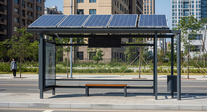 Smart City Bus Shelter With Photovoltaic Solar Panels Providing Sustainable Renewable Energy On A Sunny Day