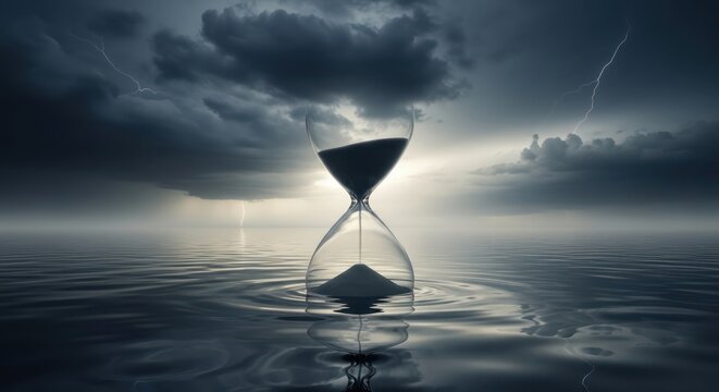 Hourglass floating on calm water during a dramatic thunderstorm at sea