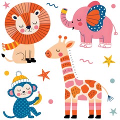 Fototapeta premium Cute Cartoon Safari Animals Nursery Illustration With Lion, Elephant, Giraffe And Monkey For Kids