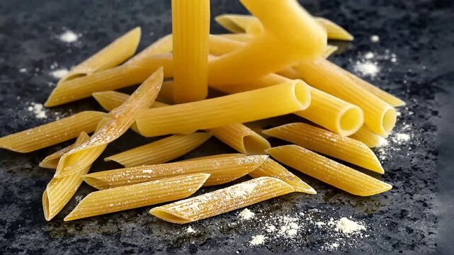A dynamic arrangement of dry penne pasta, some scattered and some seemingly falling, creating an engaging visual on a dark backdrop, ideal for food-related content and culinary designs