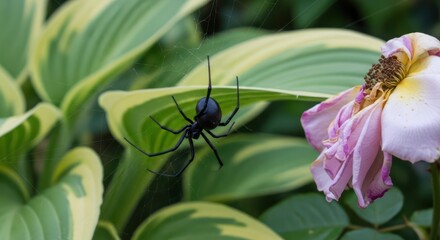 Naklejka premium A black spider weaving its web on a plant with variegated leaves and a fading rose, showcasing